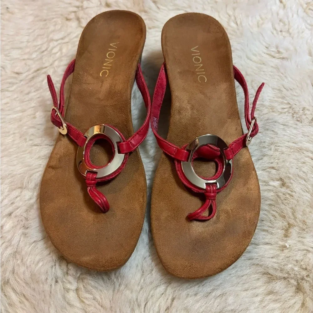Vionic Red Tan Wedge Sandals with Metallic Accent - Picture 3 of 9